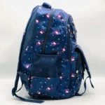Pink 'Happy Time' backpack for girls featuring a playful design, multiple zippered compartments, and mesh side pockets for water bottles.