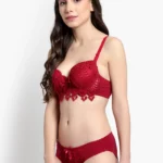 Elegant Brachy Women Maroon Solid Lace Bra and Underwear Set designed with rich maroon tones and delicate lace detailing for a graceful and feminine look.