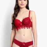 Brachy Women Maroon Solid Lace Bra and Underwear Set