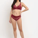 Maroon Self Design Non Padded Women Bra Set