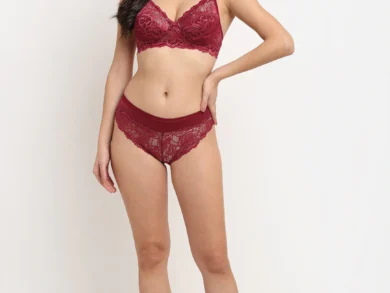 Maroon Self Design Non Padded Women Bra Set