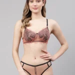 Stylish Orange Black Padded Lace T-Shirt Bra Panty Set designed with smooth padded cups and elegant lace accents, offering a perfect blend of comfort and everyday style.