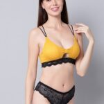 Pretty Cat Yellow Lace Brief Women Bra Set