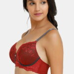 Elegant Stir Padded Wirefree Neck Lace Bra Merlot designed with soft padding and a rich merlot shade, enhanced by a delicate lace neckline for a graceful look.