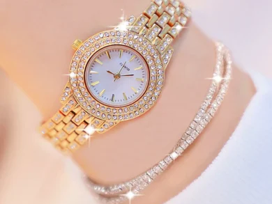 Charming Shein Gold Steel Diamond Watch & Bracelet Set