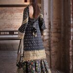 Ayesha’s Black Multicolor Floral with Antique Gold Embellished Party Dress