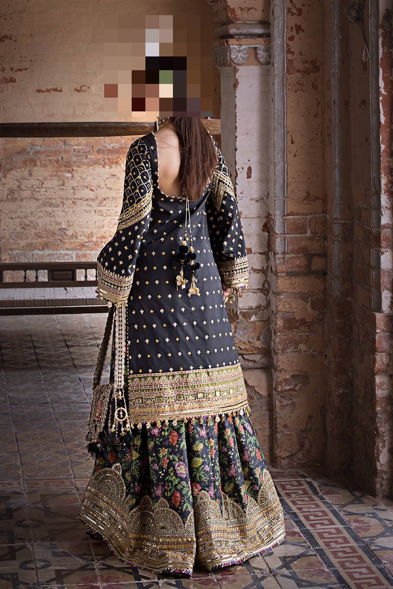 Ayesha’s Black Multicolor Floral with Antique Gold Embellished Party Dress Ayesha’s Black Multicolor Floral with Antique Gold Embellished Party Dress