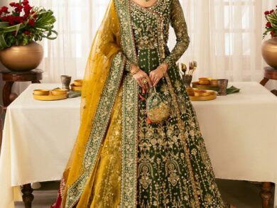 Ayesha’s Bottle Green with Mustard Contrast Wedding Dress 3