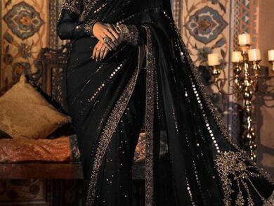 Ayesha’s Jet Black Mukesh Work Party Saree