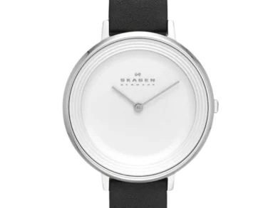 Polished Skagen Ditte Black Leather Watch — 054
