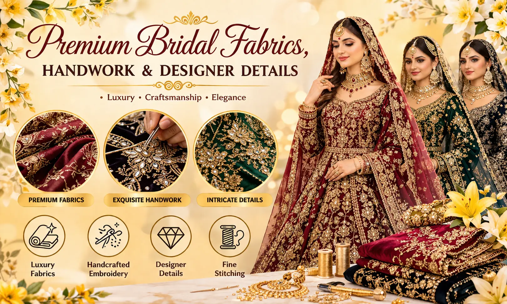 Premium Bridal Fabrics, Handwork and Designer Details
